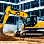 **

A modern construction site featuring a hybrid excavator, fully clothed, appropriate attire, professional setting. The excavator is digging earth near a new building foundation. Background includes other construction vehicles and workers wearing safety gear. Focus on clean energy and sustainability, safe for work, perfect anatomy, natural proportions, professional photography, high quality.

**