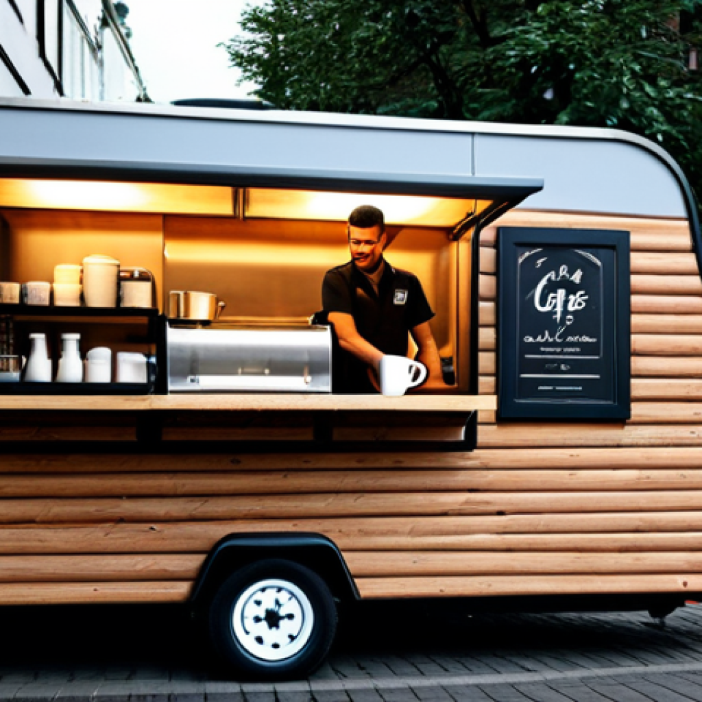 트레일러의 캠핑용 개조 사례 - **Image:** A cozy, wood-paneled mobile cafe trailer, interior view. A friendly barista, fully clothe...