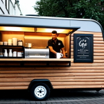 트레일러의 캠핑용 개조 사례 - **Image:** A cozy, wood-paneled mobile cafe trailer, interior view. A friendly barista, fully clothe...