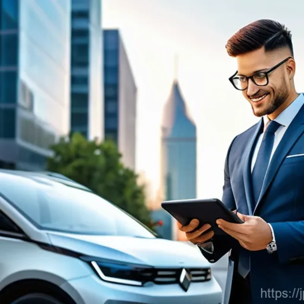 특수 차량의 장기 렌탈 서비스 - **Prompt:** A dynamic, wide-angle shot of a modern, sleek urban landscape at sunrise, with several d...