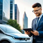 특수 차량의 장기 렌탈 서비스 - **Prompt:** A dynamic, wide-angle shot of a modern, sleek urban landscape at sunrise, with several d...