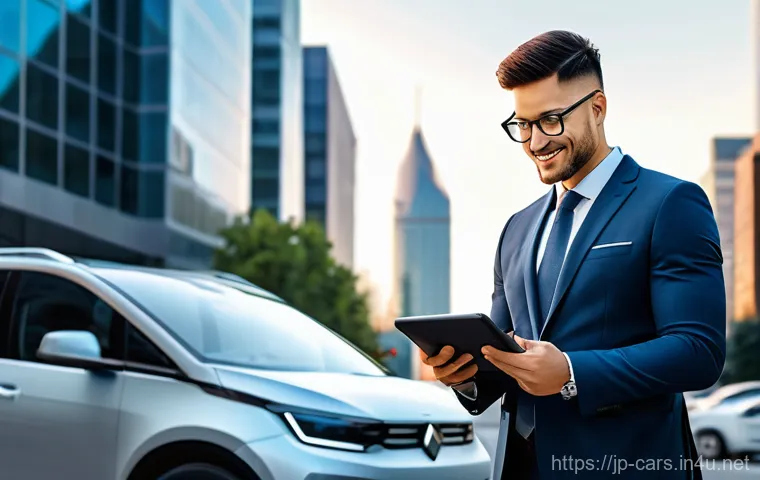 특수 차량의 장기 렌탈 서비스 - **Prompt:** A dynamic, wide-angle shot of a modern, sleek urban landscape at sunrise, with several d...