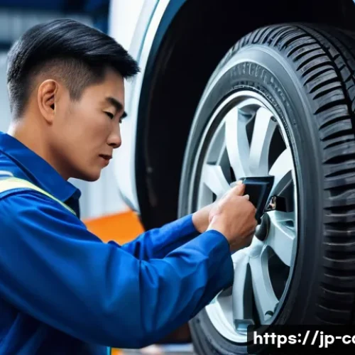 대형 트럭의 타이어 유지비 - A professional large truck driver carefully checking tire air pressure with a digital gauge in a bri...