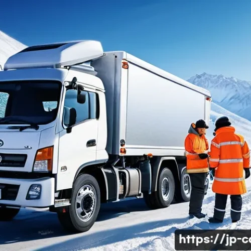 대형 트럭의 겨울철 관리 요령 - A detailed winter maintenance scene of a Japanese heavy-duty truck parked in a snowy environment, fo...