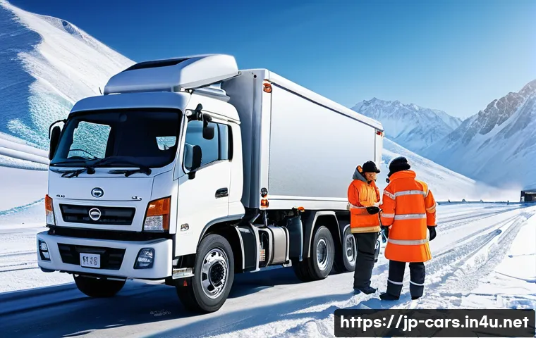 대형 트럭의 겨울철 관리 요령 - A detailed winter maintenance scene of a Japanese heavy-duty truck parked in a snowy environment, fo...