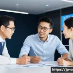 대형 트럭의 중고차 리스 옵션 - A modern Japanese logistics company office scene featuring a diverse group of professional business ...
