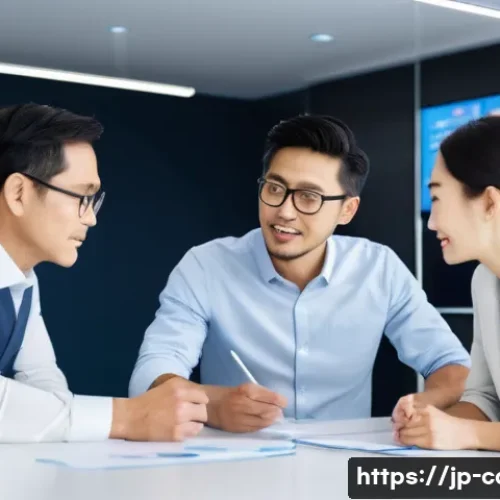 대형 트럭의 중고차 리스 옵션 - A modern Japanese logistics company office scene featuring a diverse group of professional business ...