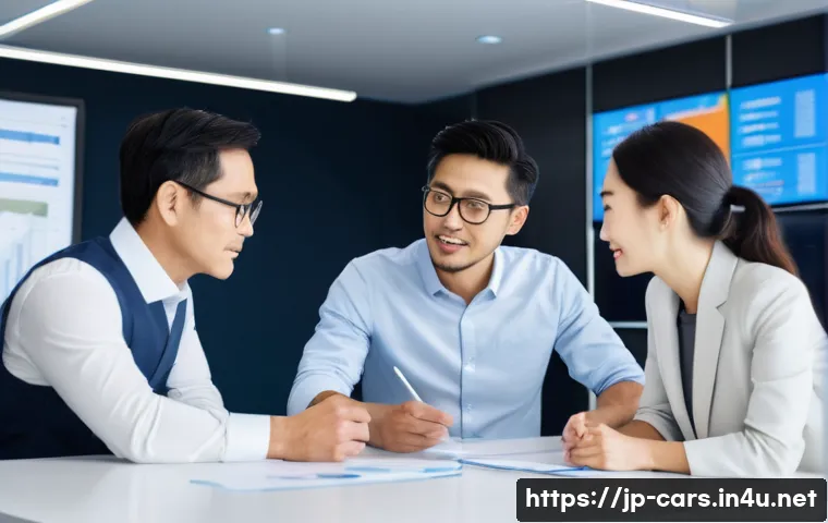 대형 트럭의 중고차 리스 옵션 - A modern Japanese logistics company office scene featuring a diverse group of professional business ...