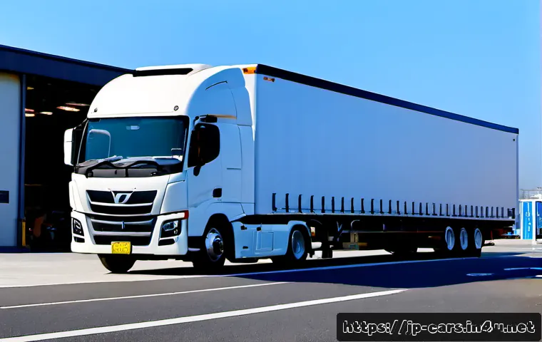 대형 트럭의 전기차 모델 출시 소식 - Photorealistic newly launched electric heavy-duty semi truck parked at a clean Japanese logistics de...